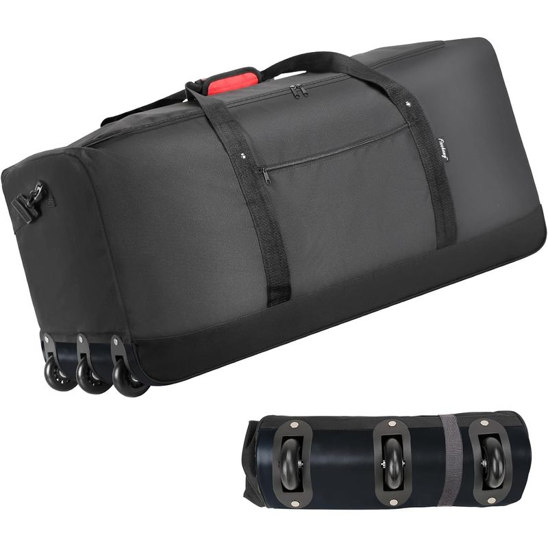 Foldable Rolling Luggage Bag - 120Lの折りたたみ式キャスター付きダッフルバッグ。3つの車輪付きで、軽量、32インチ、大容量、ショルダーストラップ付き。