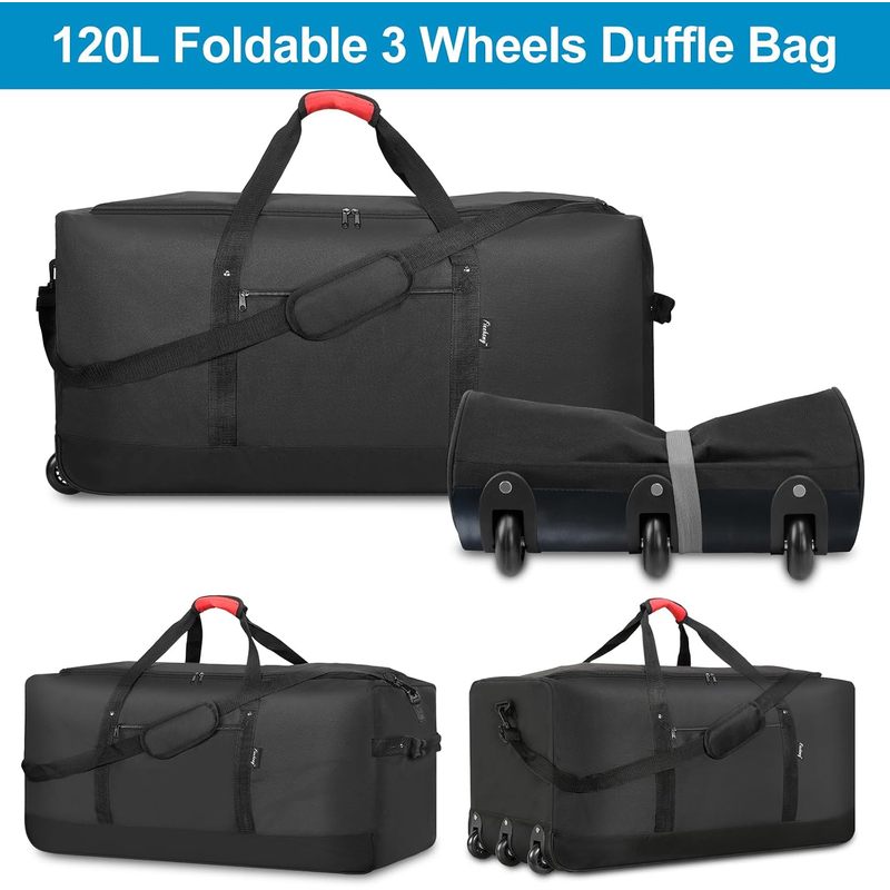 120Lの折りたたみ式キャスター付きダッフルバッグ。3つの車 - Foldable Rolling Luggage Bag のレビューと価格