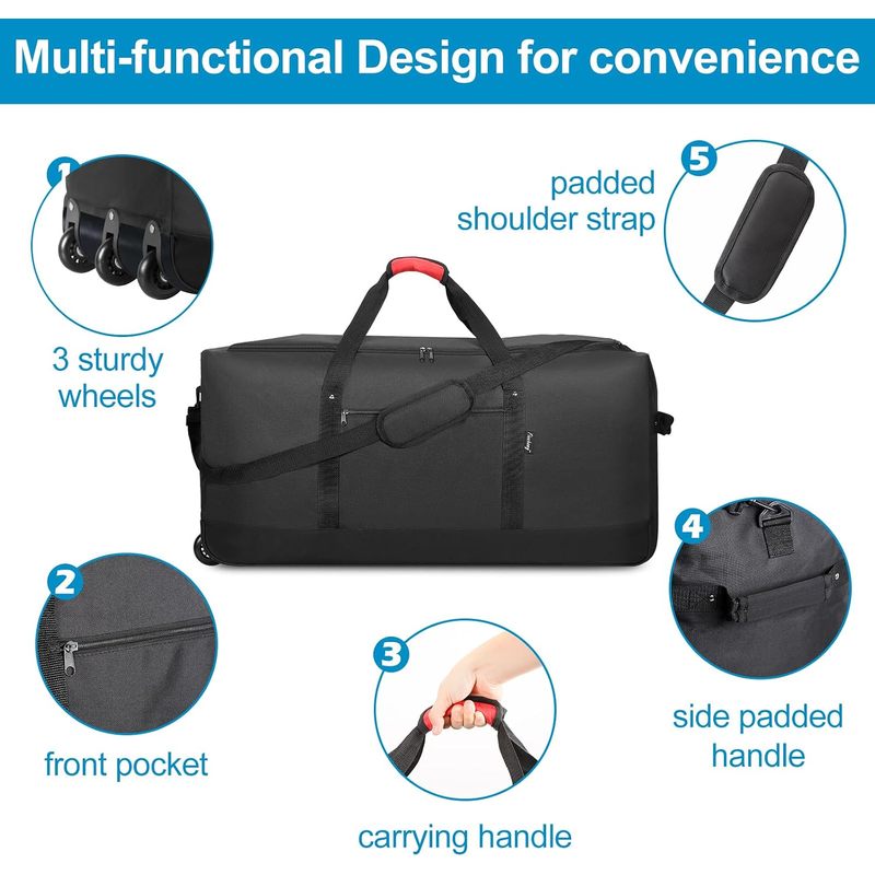 120Lの折りたたみ式キャスター付きダッフルバッグ。3つの車 - Foldable Rolling Luggage Bag のレビューと価格
